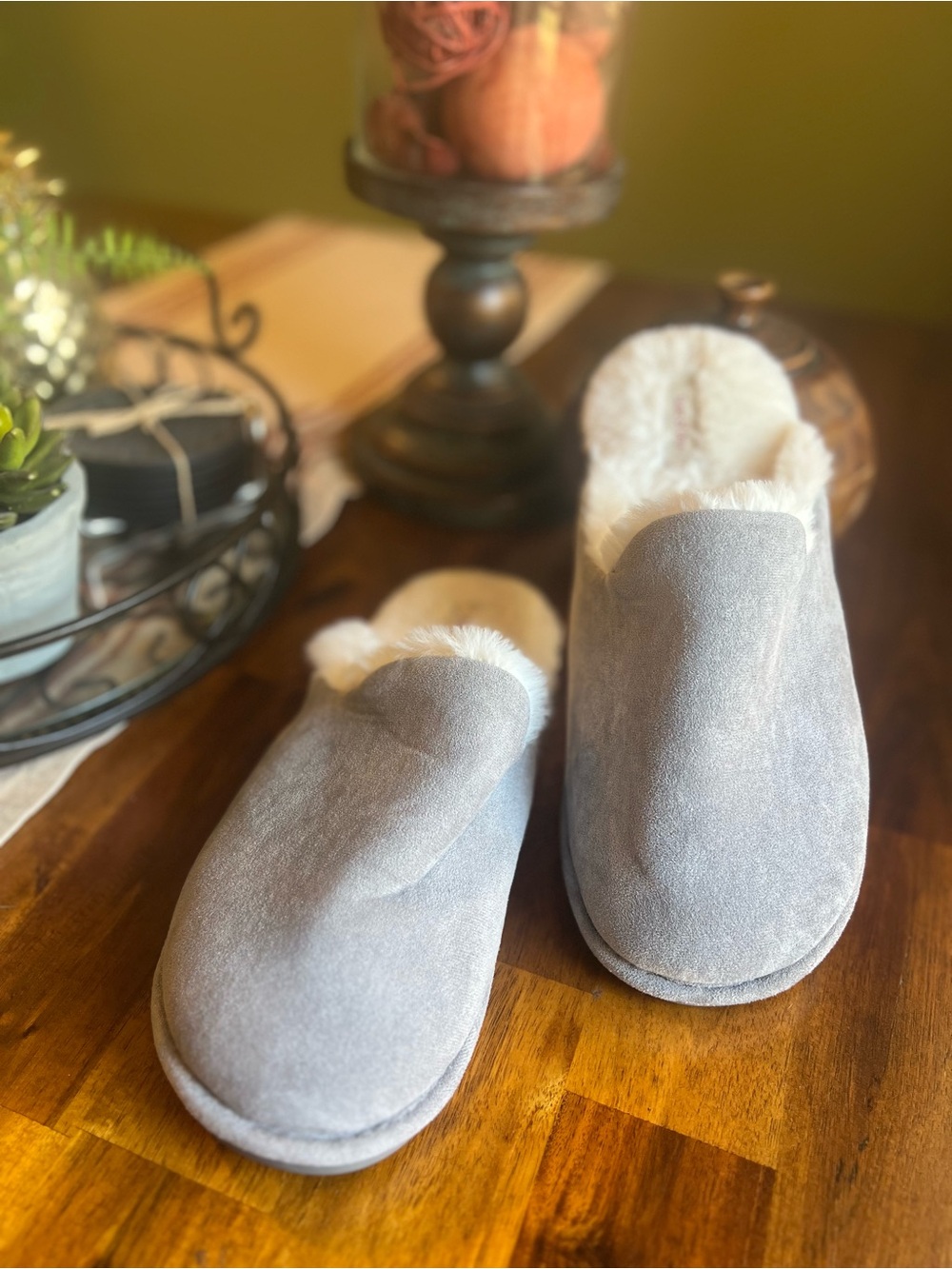 State of Day Gray Faux-Suede Shearling Lined Slippers